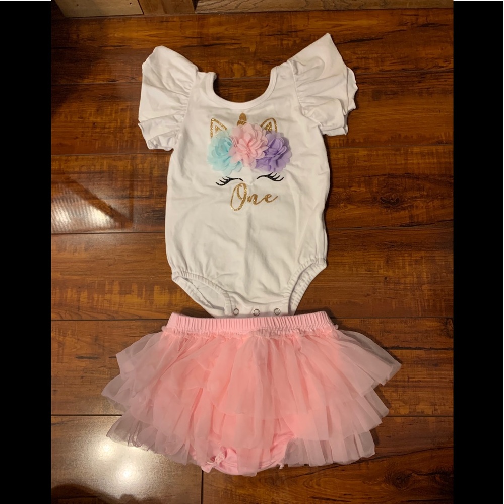 Baby’s first birthday unicorn onesie with tutu